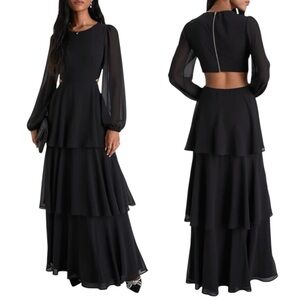 NWOT Lulus Garden Bliss Black Cutout Sheer Long Sleeve Tiered Chiffon Maxi Dress